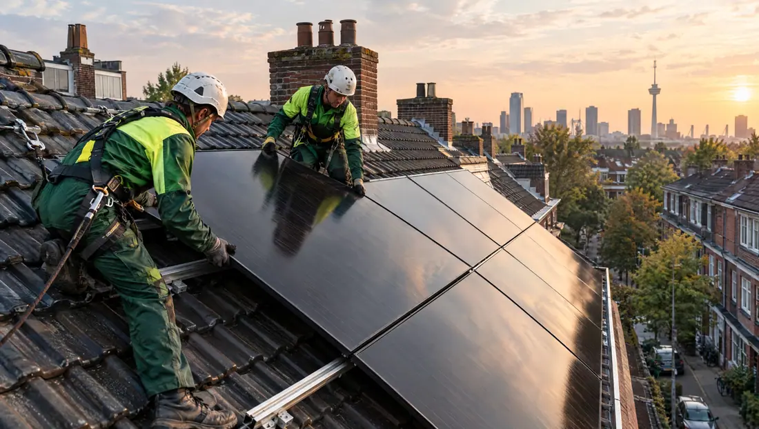 Twee installateurs leggen zwarte zonnepanelen op een Rotterdams pannendak, met de skyline op de achtergrond