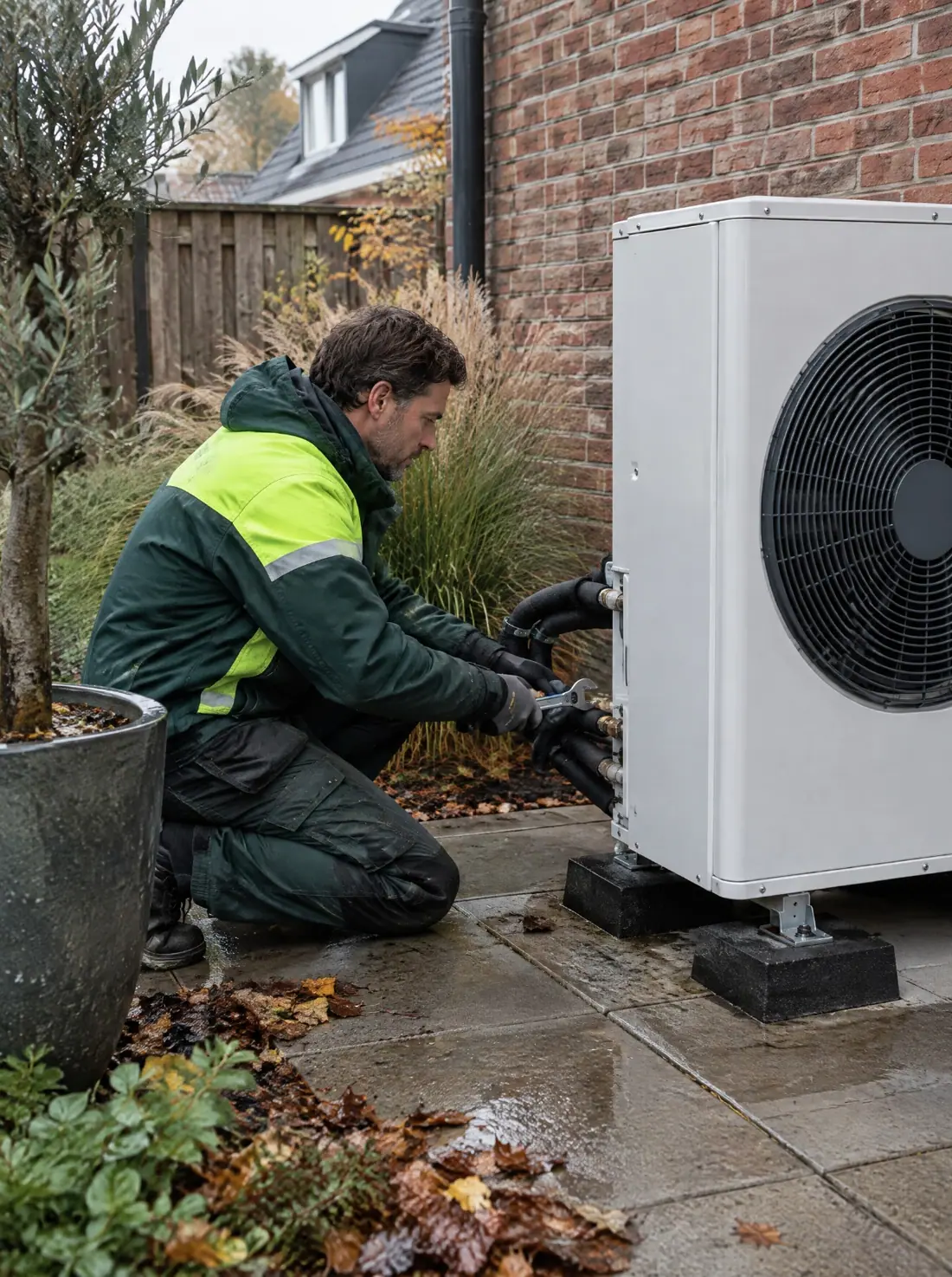 Warmtepomp-buitenunit op tegels naast een bakstenen muur met planten