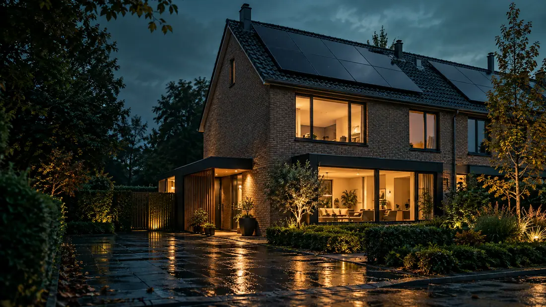 Woning met zonnepanelen in de avond, met verlichte ramen en een natte oprit