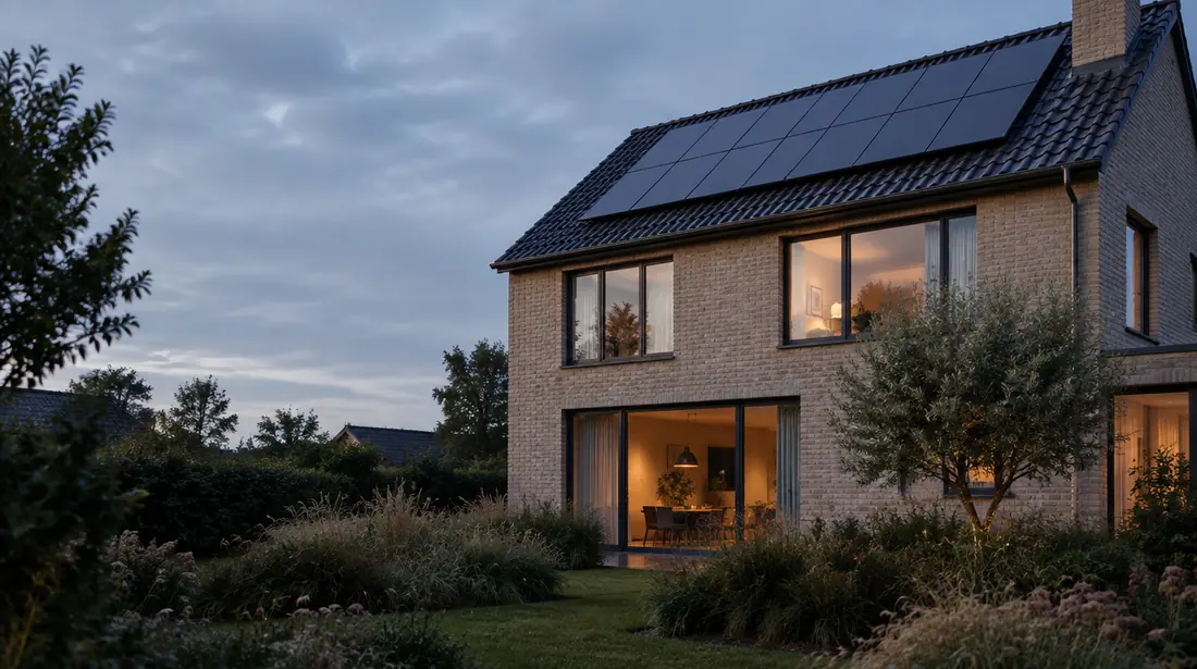 Straat met rijwoningen met zonnepanelen in de schemering