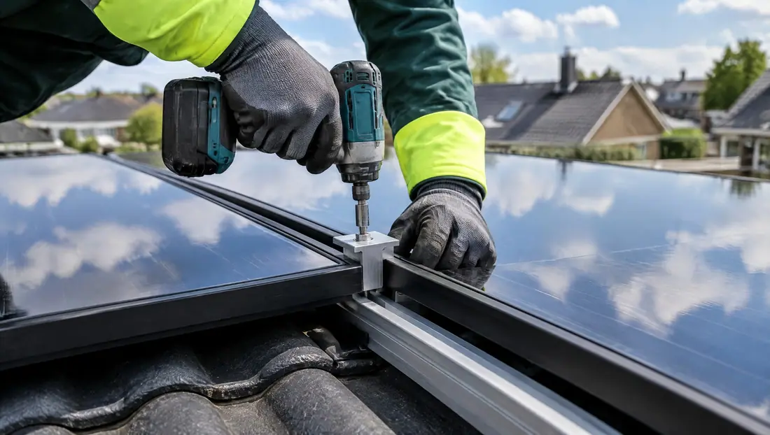 Installateur zet een zonnepaneel vast op een pannendak