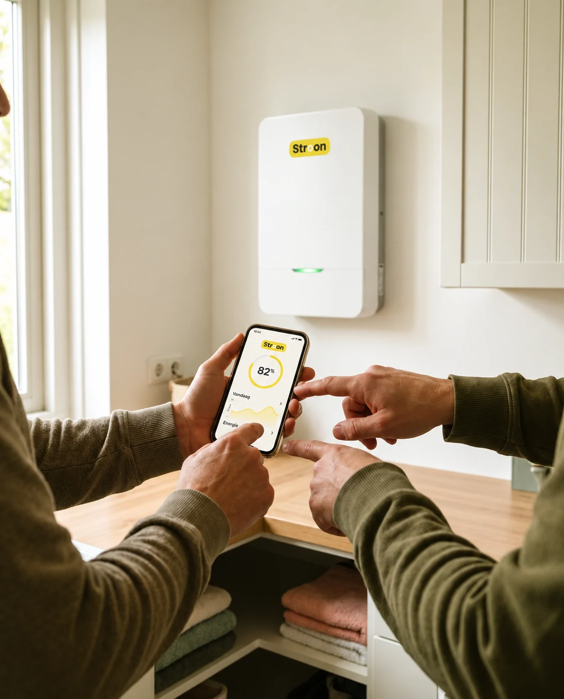 Oplevering: handen bij een telefoon met de energie-app naast een thuisbatterij