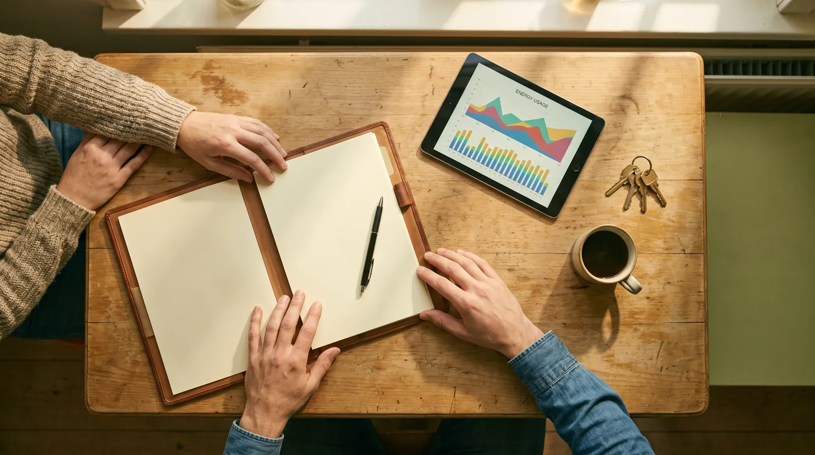 Oplevering aan de keukentafel: opleverdossier, tablet en koffie